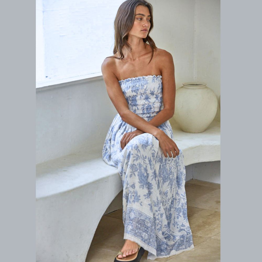 Floral Smocked Strapless Dress (New Arrival) Small