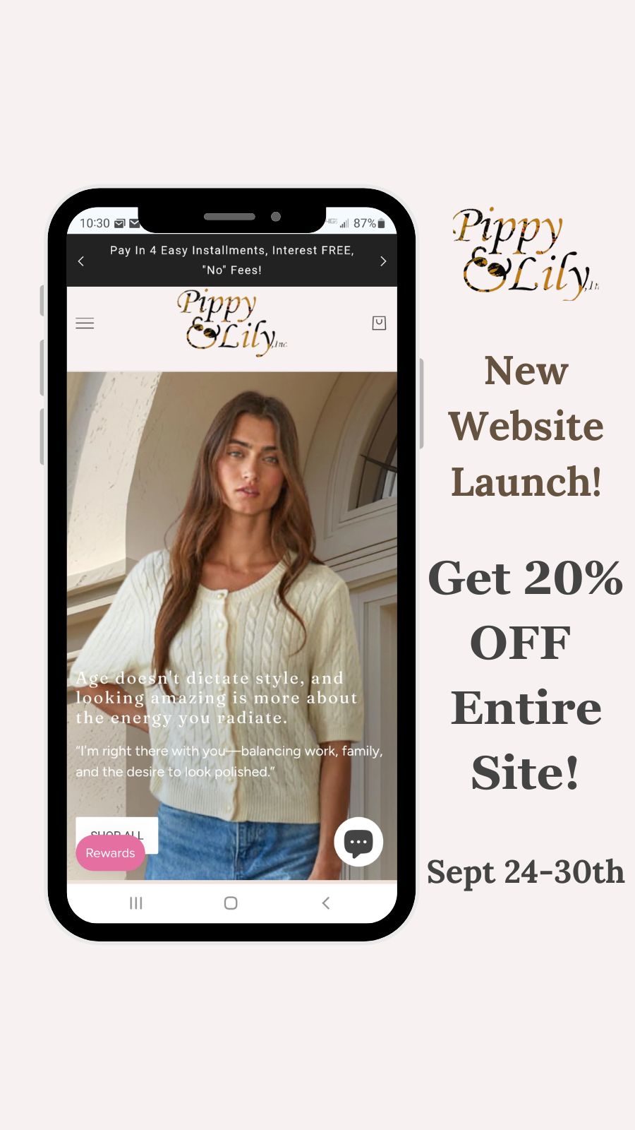 Promotional graphic for Pippy & Lily website launch with a phone displaying the website and text about a discount offer.
