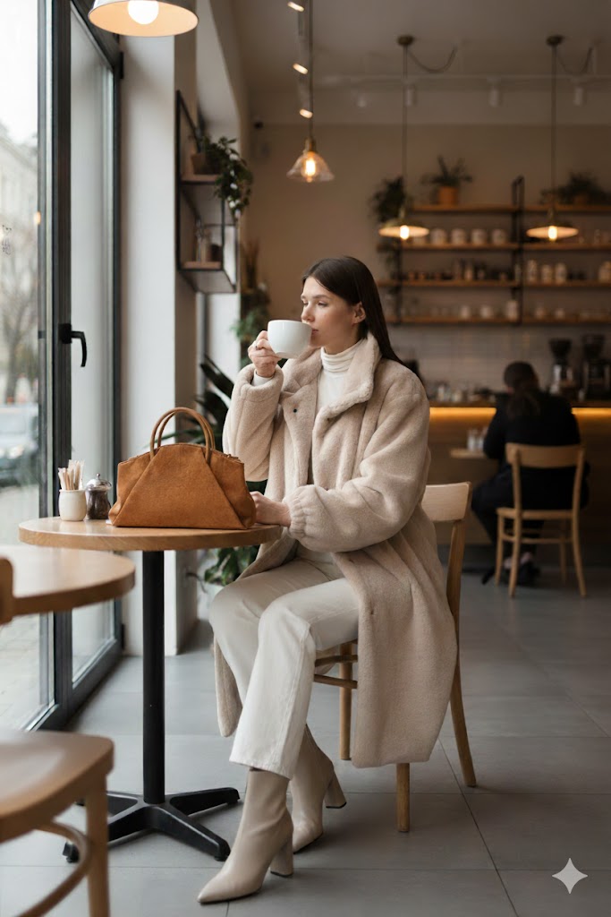 Woman in a cozy cafe drinking coffee, wearing a beige faux fur coat and brown suede handbag.
