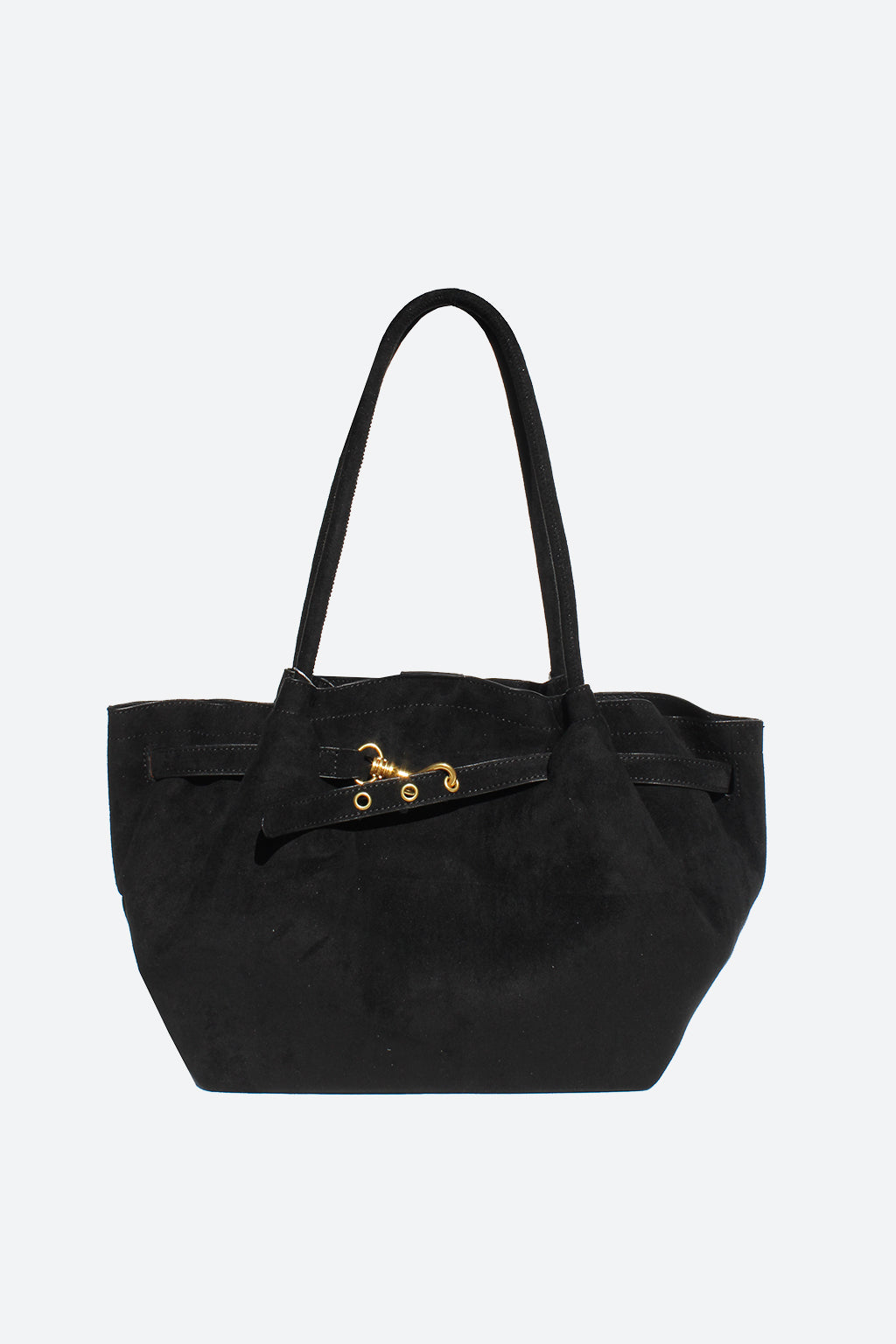 black faux suede tote with gold buckle hardware