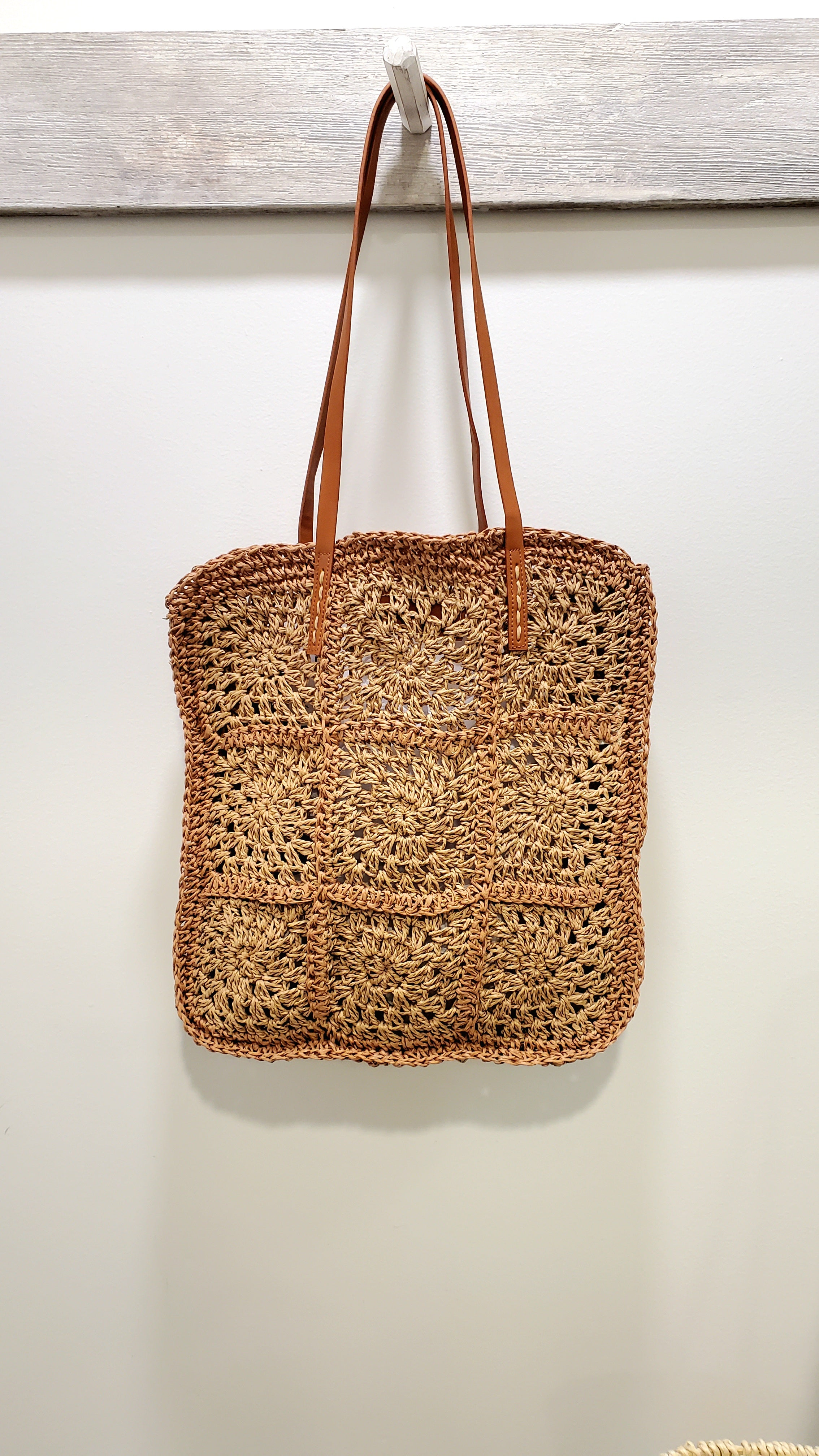  Tan Raffia Tote with square box detail design