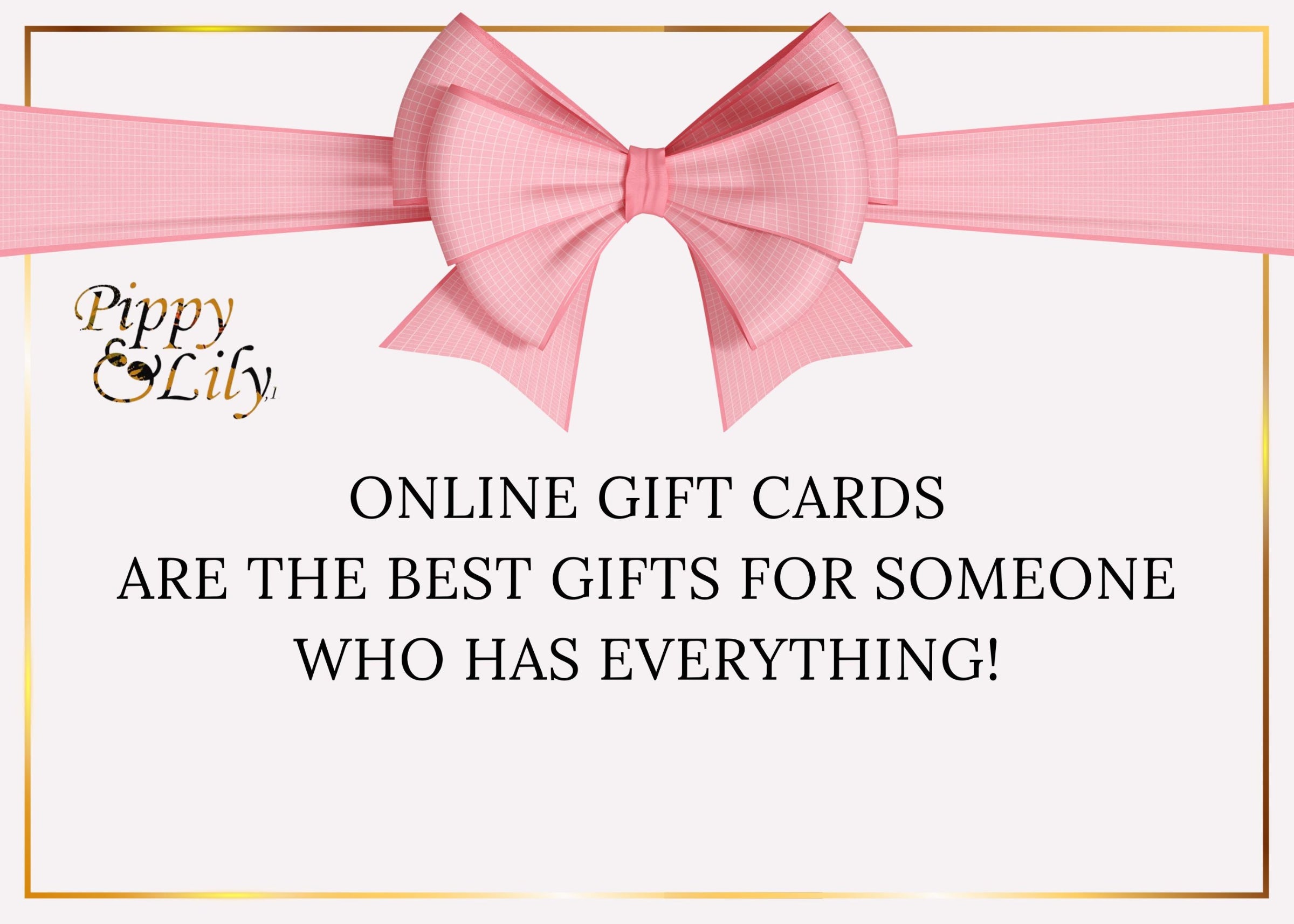 Pink bow with 'Puppy & Lily' branding and text about online gift cards on a white background.