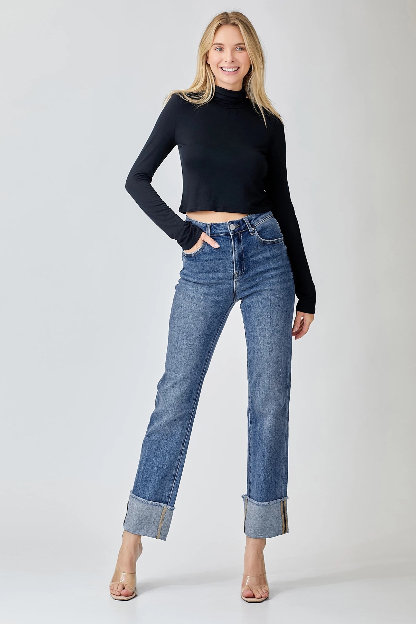 High rise cuffed slim straight jeans.