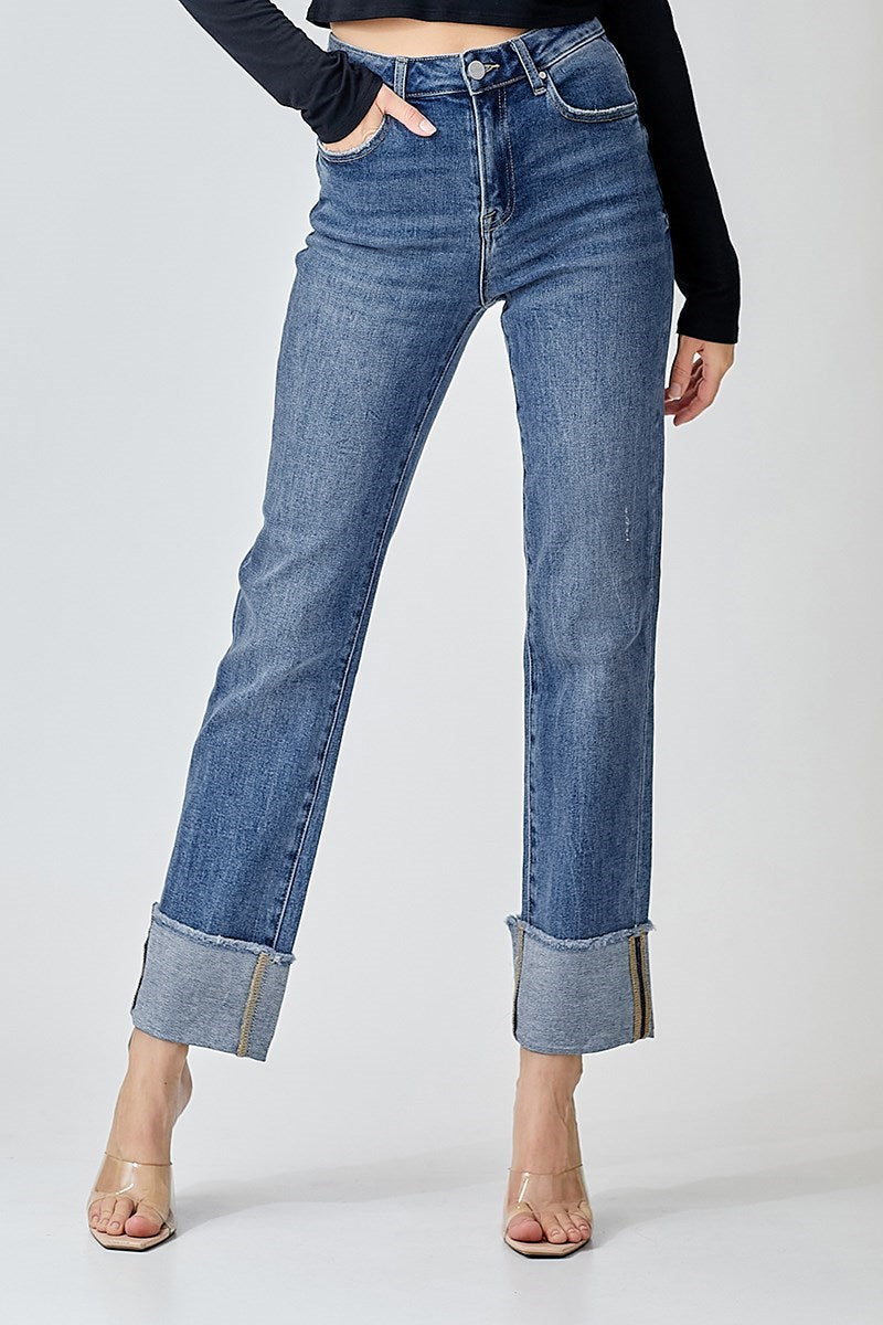 Cuffed high rise slim straight jeans.