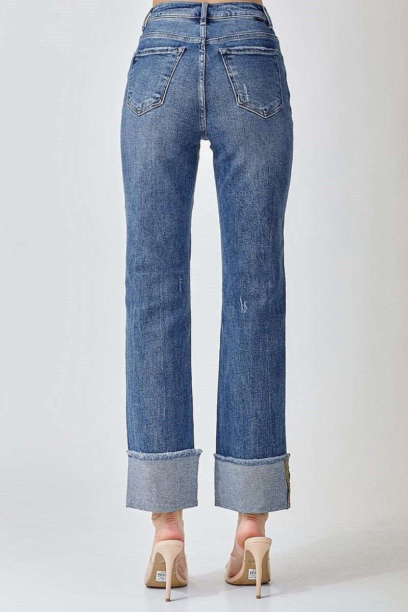 High rise cuffed slim straight jeans