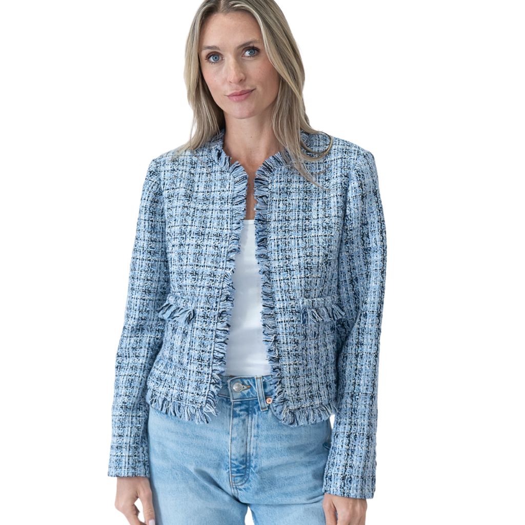 Tweed Blue Blazer with Raw Edge Detail