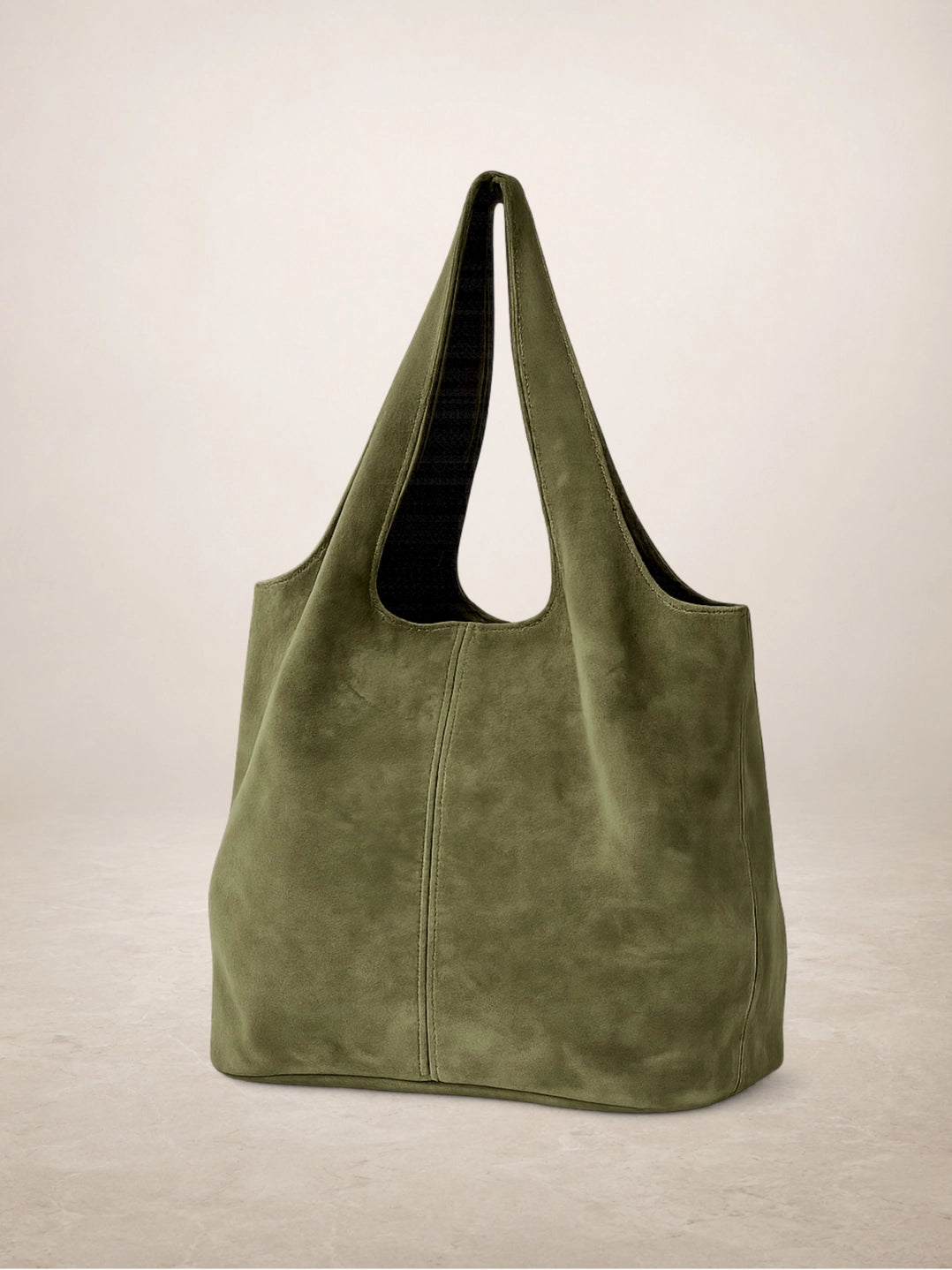 Olive green suede shoulder bag with open top and doubel handles made in Italy.