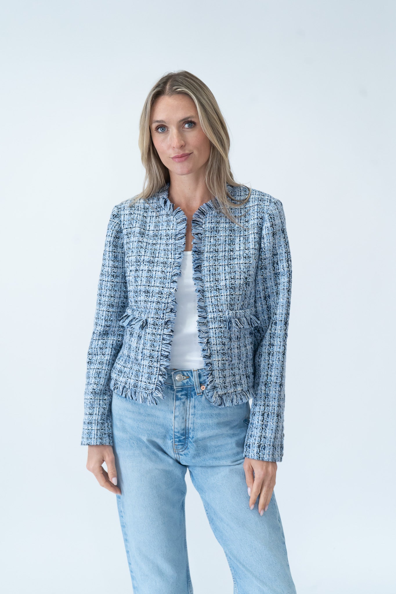 Tweed Blue Blazer with Raw Edge Detail